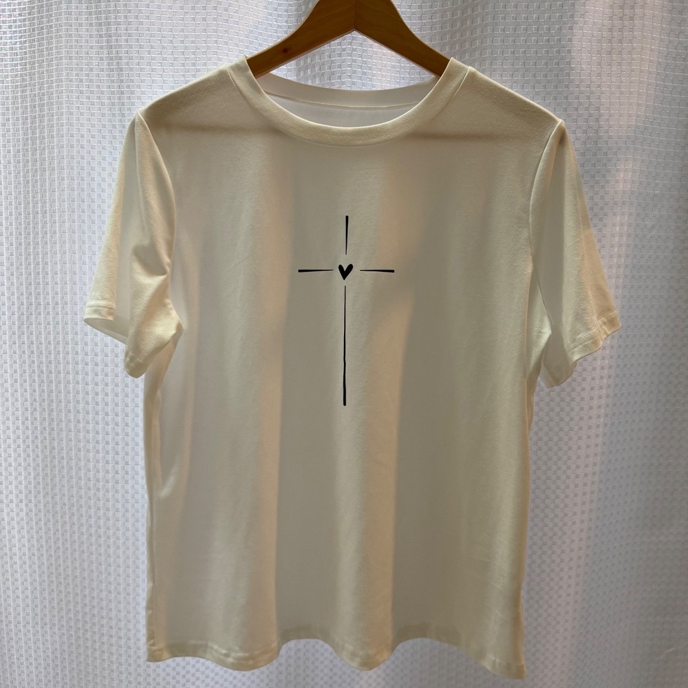 Women's Simple Cross Heart T-shirt Large White